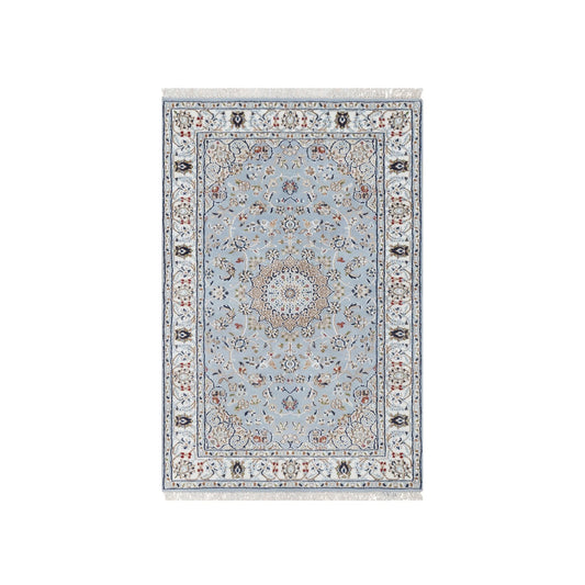 Fine Oriental Wool & Silk Hand Knotted Rug Blue White 3.0X5.2 -O090904