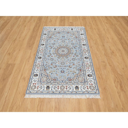 Fine Oriental Wool & Silk Hand Knotted Rug Blue White 3.0X5.2 -O090904