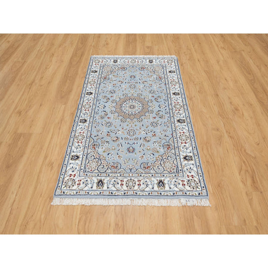Fine Oriental Wool & Silk Hand Knotted Rug Blue White 3.0X5.2 -O090904