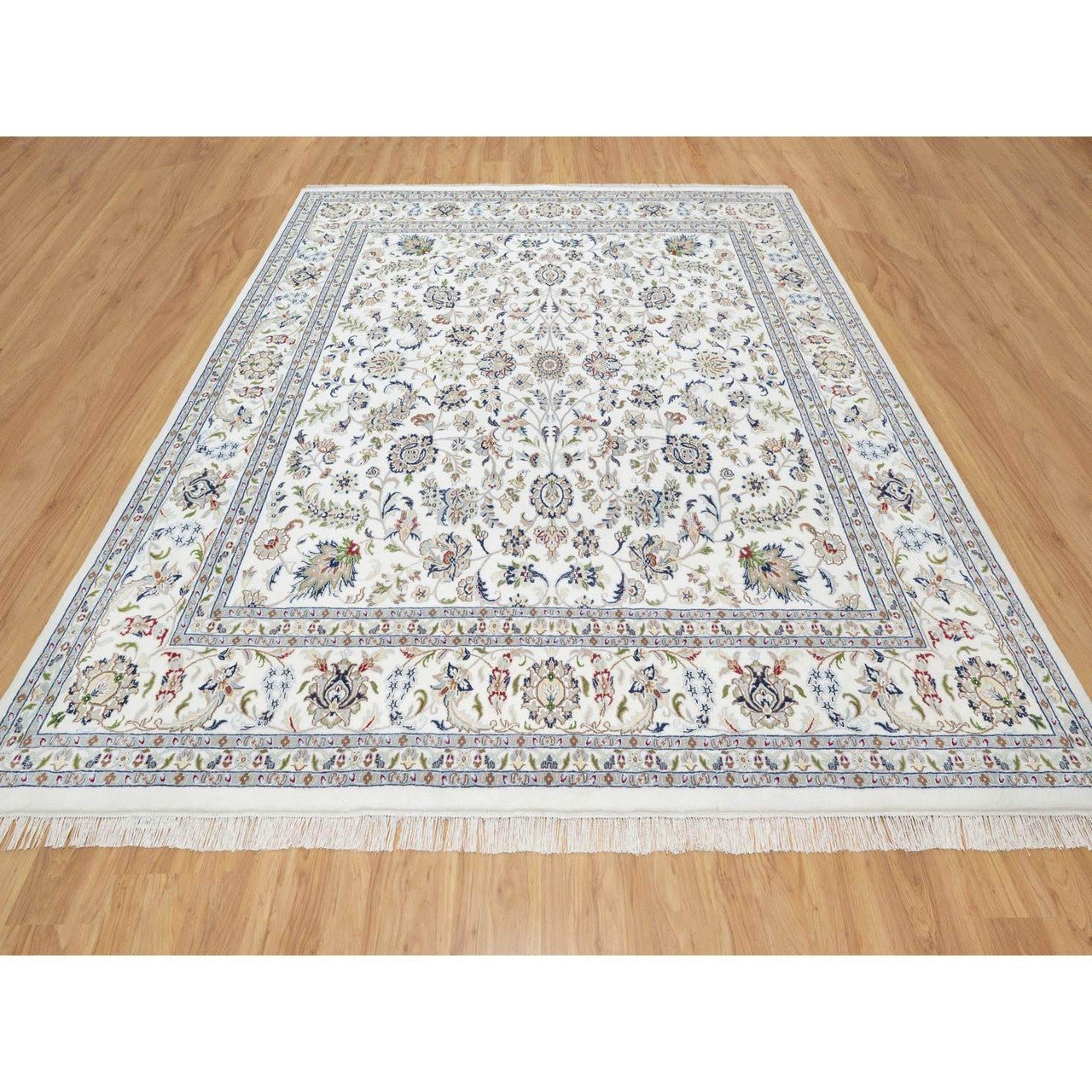 Fine Oriental Wool & Silk Hand Knotted Rug Ivory White 9.8X10.0 -O090906