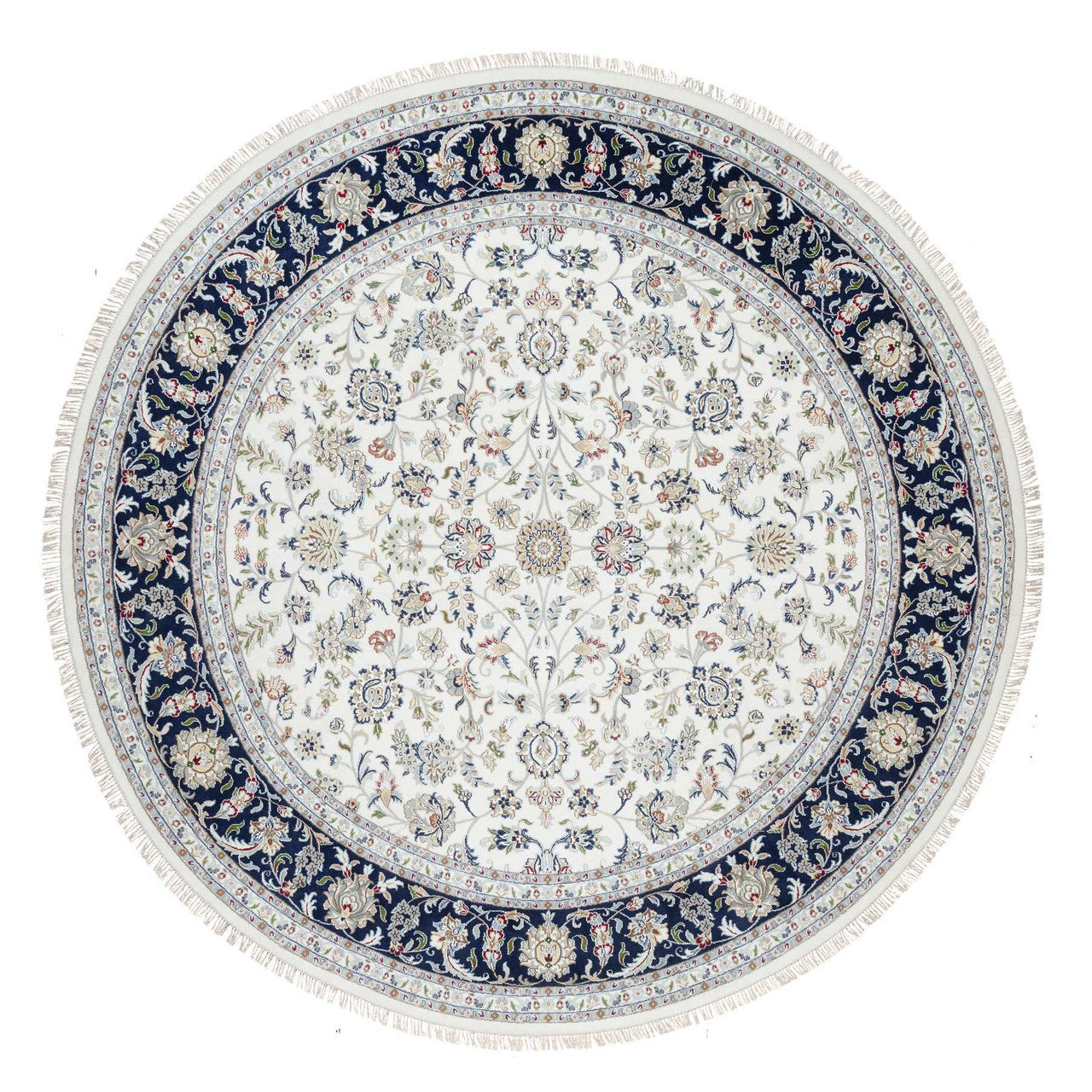 Fine Oriental Wool & Silk Hand Knotted Rug Ivory Blue 9.9X9.9 -O090907