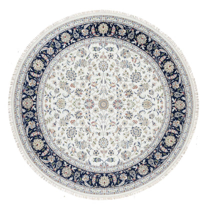 Fine Oriental Wool & Silk Hand Knotted Rug Ivory Blue 9.9X9.9 -O090907