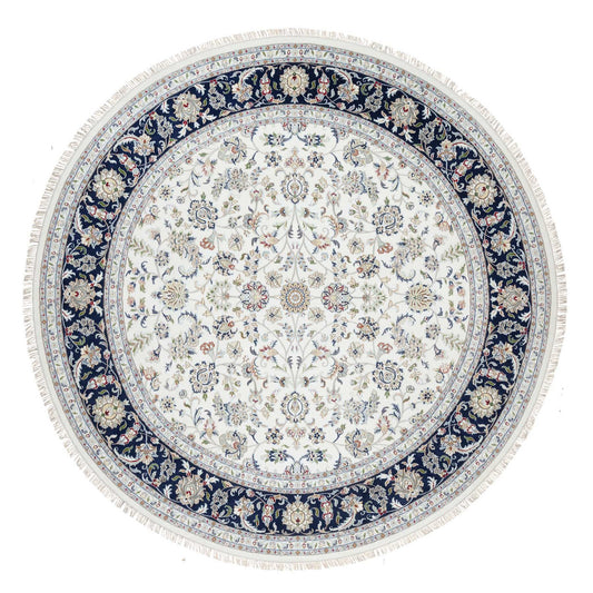 Fine Oriental Wool & Silk Hand Knotted Rug Ivory Blue 9.9X9.9 -O090907