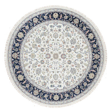 Fine Oriental Wool & Silk Hand Knotted Rug Ivory Blue 9.9X9.9 -O090907