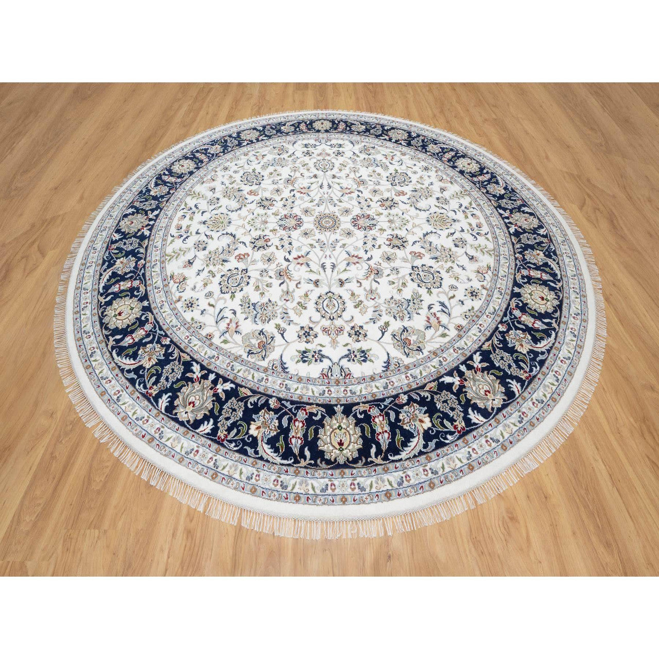 Fine Oriental Wool & Silk Hand Knotted Rug Ivory Blue 9.9X9.9 -O090907