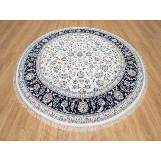 Fine Oriental Wool & Silk Hand Knotted Rug Ivory Blue 9.9X9.9 -O090907