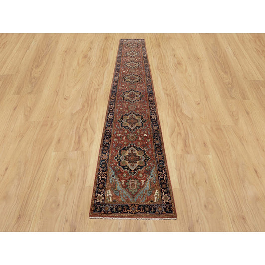 Heriz Wool Hand Knotted Rug Red Blue 2.6X16.0 -O090914