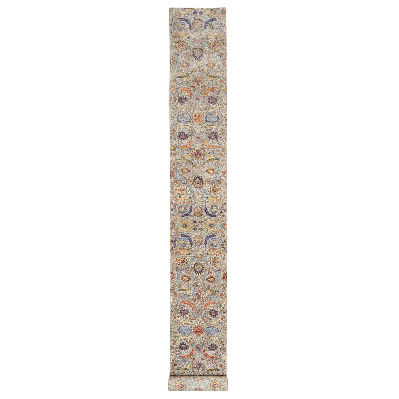 Beige 2'7" x 23'10" Transitional Hand knotted Wool/Silk Rug - Sku: O090943