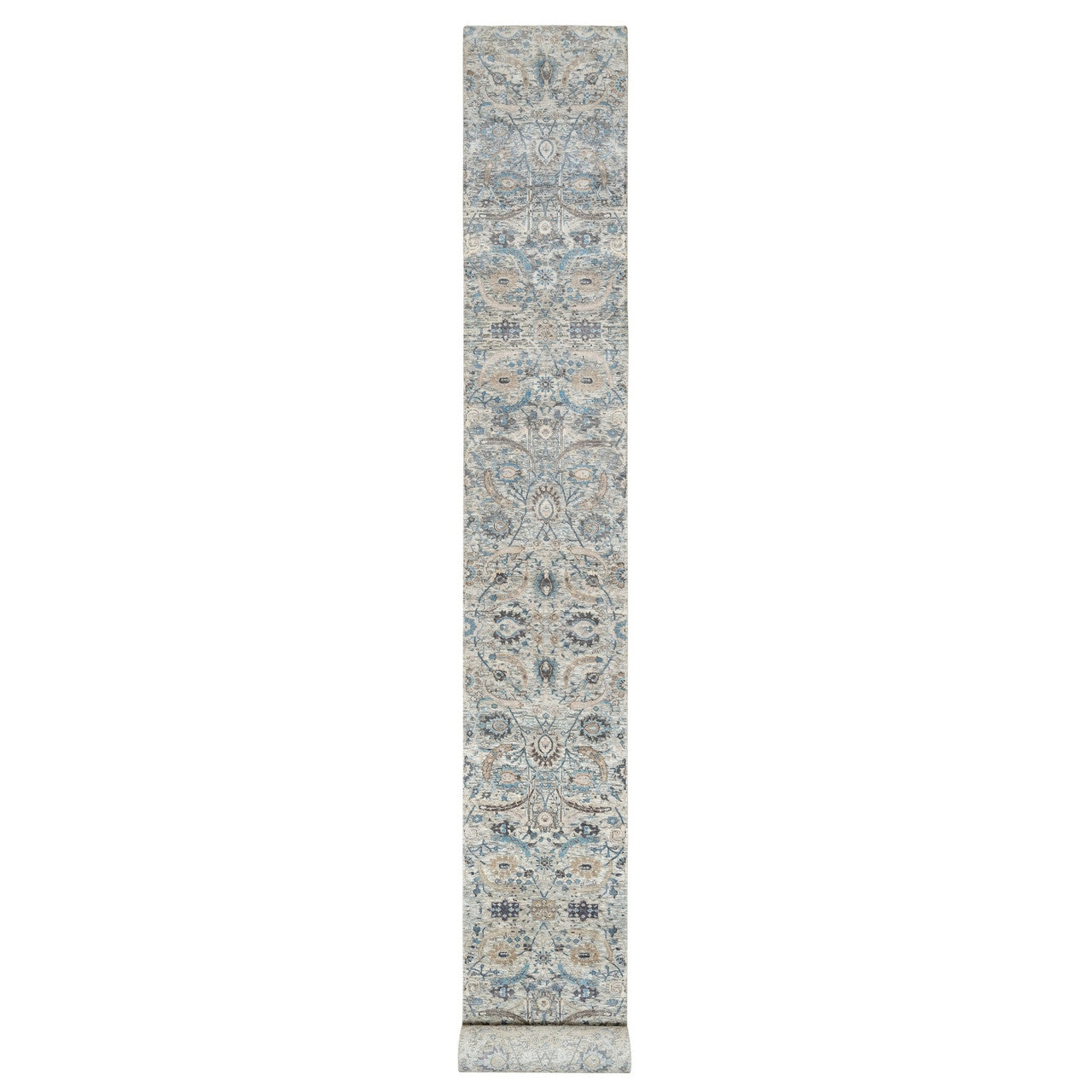 Ivory 2'7" x 25'9" Transitional Hand knotted Wool/Silk Rug - Sku: O090944