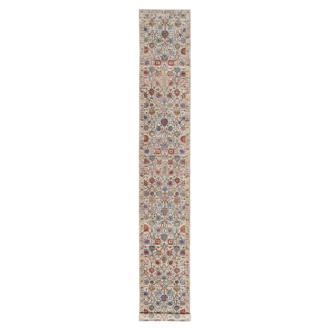 Ivory 2'6" x 18'4" Transitional Hand knotted Wool/Silk Rug - Sku: O090945
