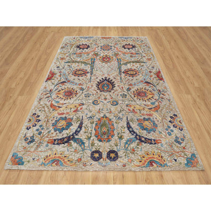 Transitional Wool & Silk Hand Knotted Rug Beige No Border 6.3X9.1 -O090947