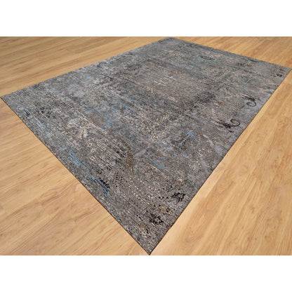 Transitional Wool & Silk Hand Knotted Rug Grey No Border 9.11X14.0 -O090954