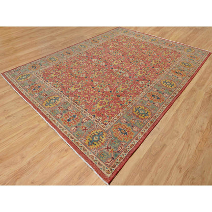 Oushak And Peshawar Wool Hand Knotted Rug Red Green 8.11X11.10 -O090957
