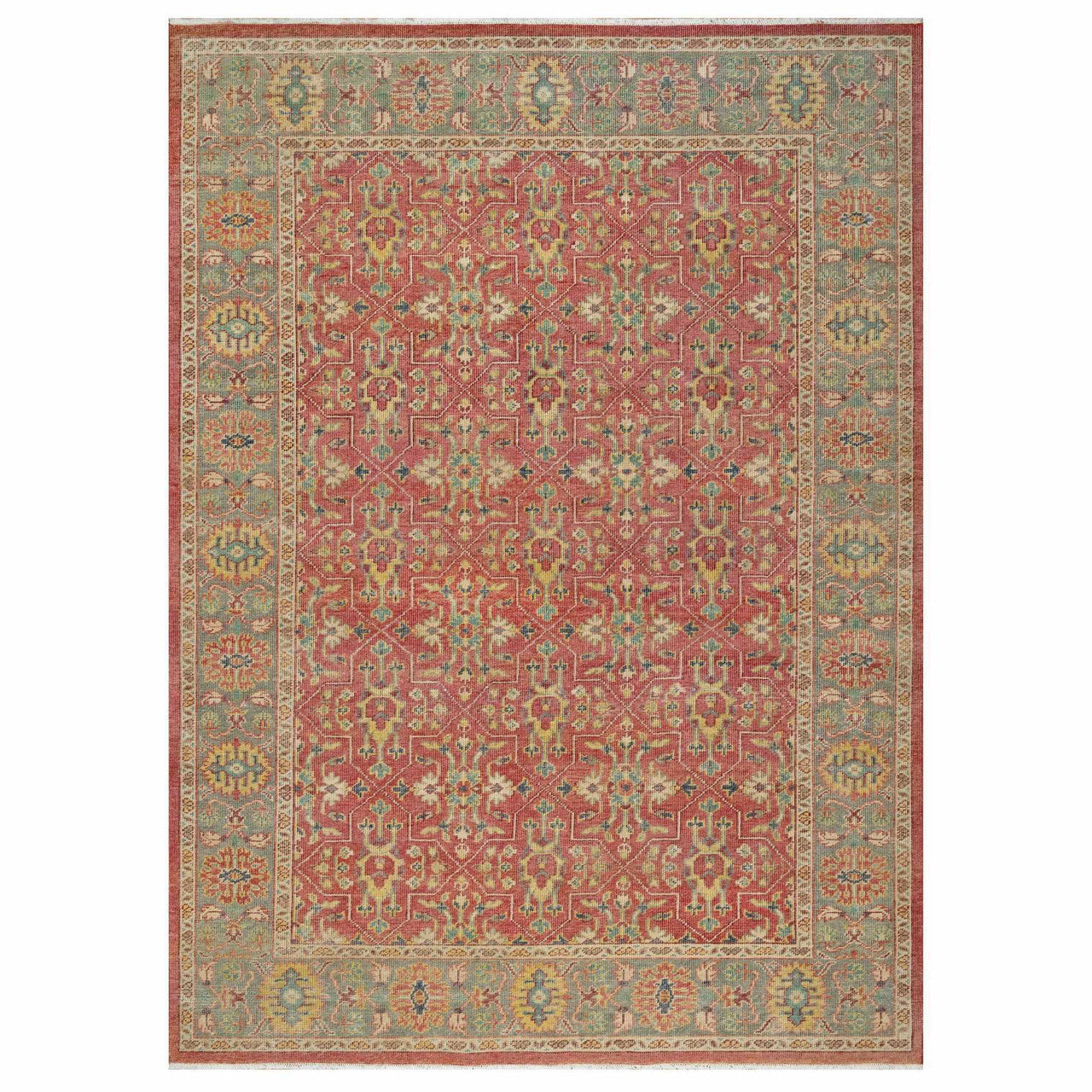 Oushak And Peshawar Wool Hand Knotted Rug Red Green 9.11X13.9 -O090960