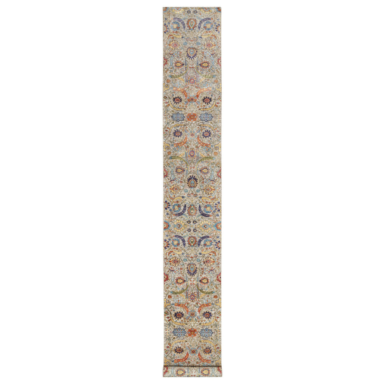 Beige 2'7" x 20'2" Transitional Hand knotted Wool/Silk Rug - Sku: O090962