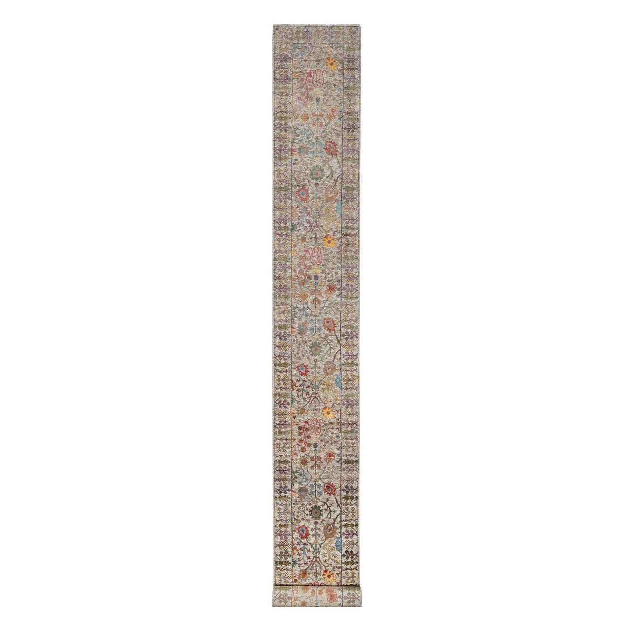 Beige 2'7" x 22'0" Transitional Hand knotted Wool/Silk Rug - Sku: O090964