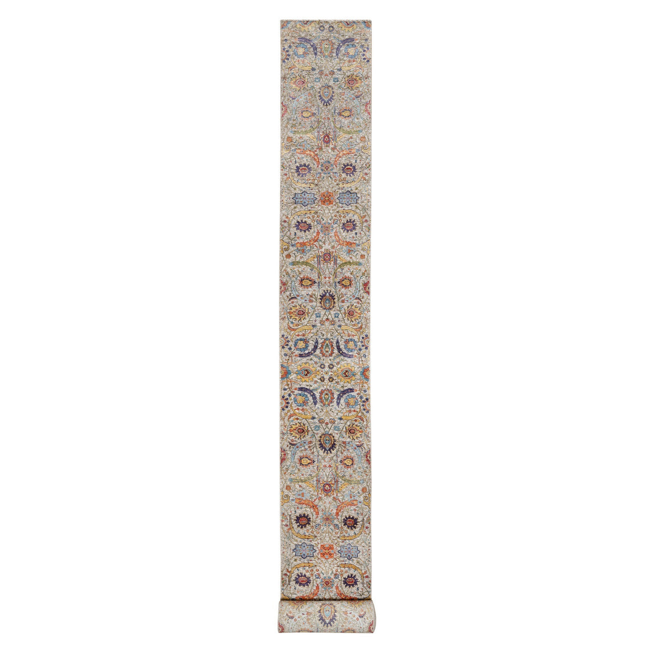 Beige 2'6" x 27'7" Transitional Hand knotted Wool/Silk Rug - Sku: O090965
