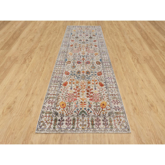 Transitional Wool & Silk Hand Knotted Rug Beige No Border 4.2X11.11 -O090967