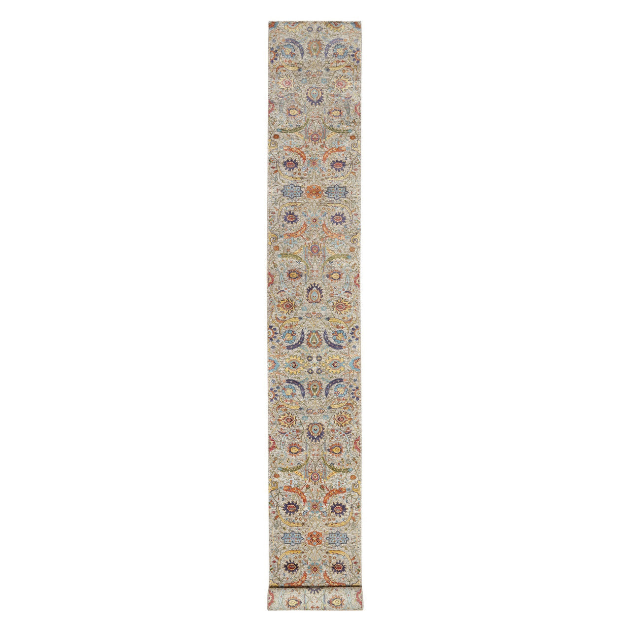 Beige 2'7" x 22'1" Transitional Hand knotted Wool/Silk Rug - Sku: O090971