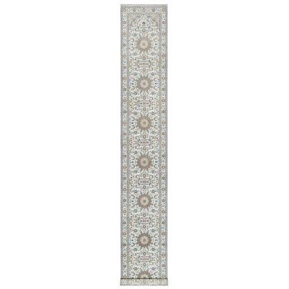 Fine Oriental Wool & Silk Hand Knotted Rug Ivory 2.8X17.8  -O090974