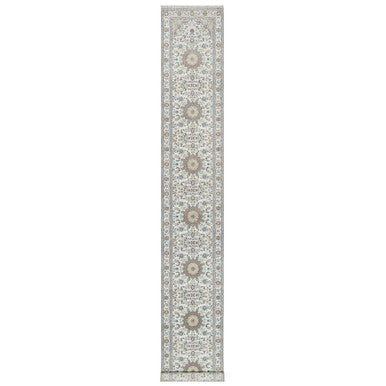 Fine Oriental Wool & Silk Hand Knotted Rug Ivory 2.8X17.8  -O090974