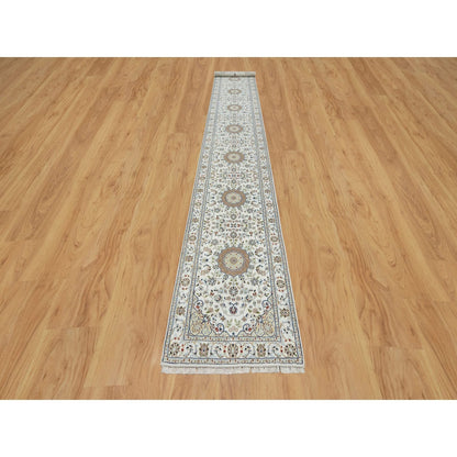 Fine Oriental Wool & Silk Hand Knotted Rug Ivory 2.8X17.8  -O090974