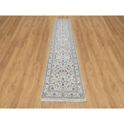 Fine Oriental Wool & Silk Hand Knotted Rug Ivory 2.7X12.1  -O090982