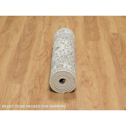 Fine Oriental Wool & Silk Hand Knotted Rug Ivory 2.7X6.3  -O090987