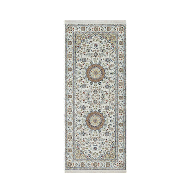 Fine Oriental Wool & Silk Hand Knotted Rug Ivory 2.7X6.4  -O090988