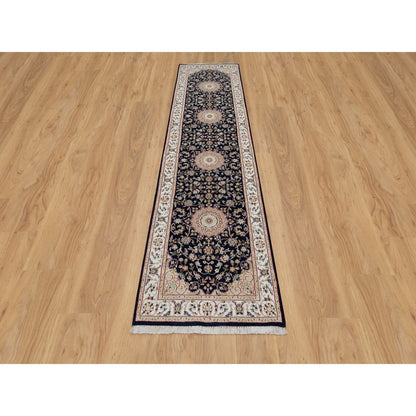 Traditional Wool & Silk Hand Knotted Rug Blue 2.6X10.0  -O090989