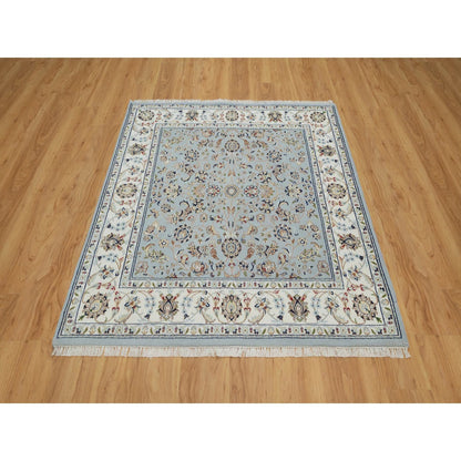 Traditional Wool & Silk Hand Knotted Rug Blue 4.11X5.2  -O091007