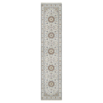 Fine Oriental Wool & Silk Hand Knotted Rug Ivory 2.8X12.7  -O091009