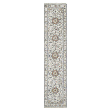 Fine Oriental Wool & Silk Hand Knotted Rug Ivory 2.8X12.7  -O091009