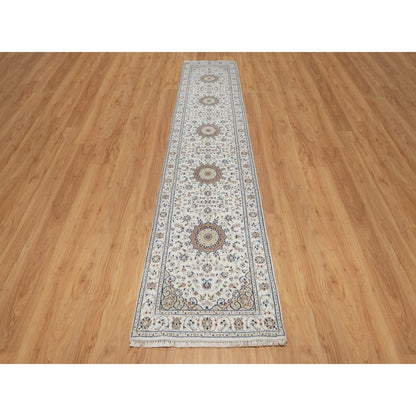 Fine Oriental Wool & Silk Hand Knotted Rug Ivory 2.8X12.7  -O091009