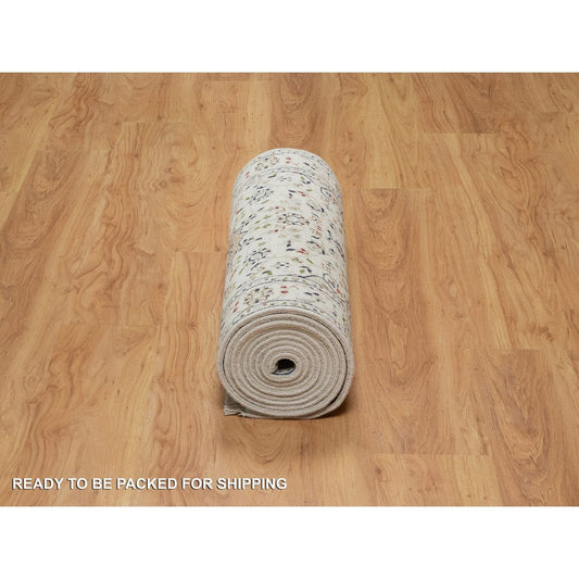 Fine Oriental Wool & Silk Hand Knotted Rug Ivory 2.8X12.7  -O091009