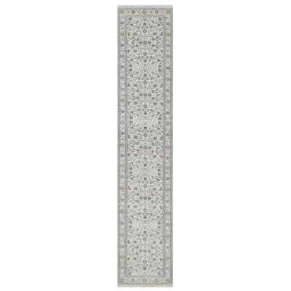 Fine Oriental Wool & Silk Hand Knotted Rug Ivory 2.9X14.1  -O091012