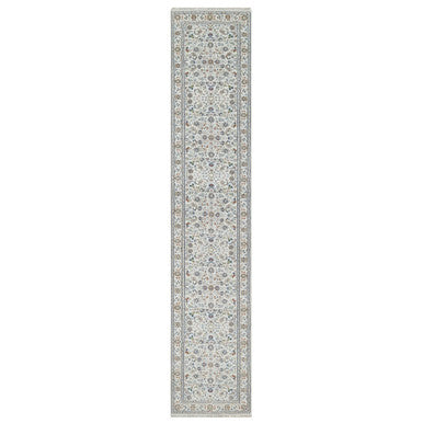 Fine Oriental Wool & Silk Hand Knotted Rug Ivory 2.9X14.1  -O091012
