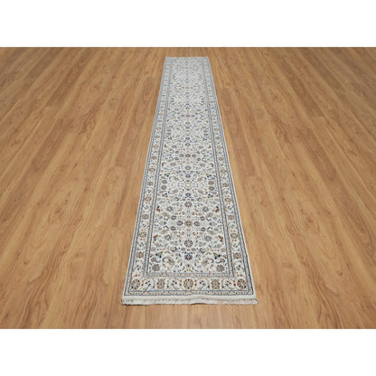 Fine Oriental Wool & Silk Hand Knotted Rug Ivory 2.9X14.1  -O091012