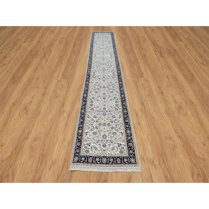 Traditional Wool & Silk Hand Knotted Rug Ivory 2.8X14.0  -O091014