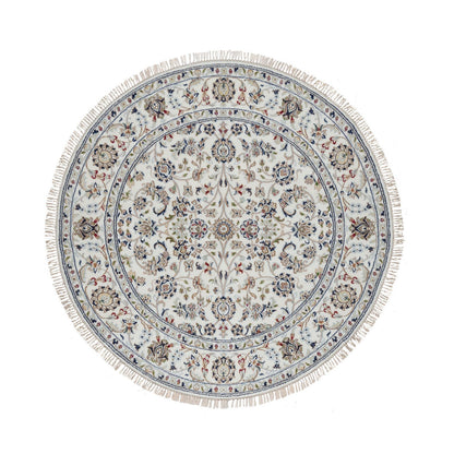 Fine Oriental Wool & Silk Hand Knotted Rug Ivory 5.0X5.0  -O091018