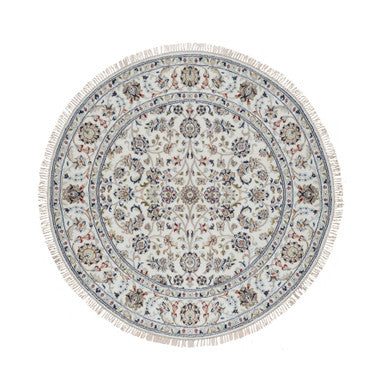 Fine Oriental Wool & Silk Hand Knotted Rug Ivory 5.0X5.0  -O091018