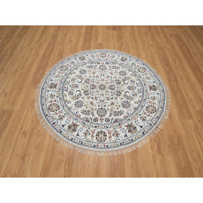 Fine Oriental Wool & Silk Hand Knotted Rug Ivory 5.0X5.0  -O091018