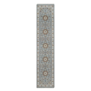 Traditional Wool & Silk Hand Knotted Rug Blue 2.8X12.9  -O091026