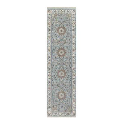 Fine Oriental Wool & Silk Hand Knotted Rug Blue 2.8x10.1 -O091029