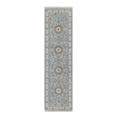 Fine Oriental Wool & Silk Hand Knotted Rug Blue 2.8x10.1 -O091029