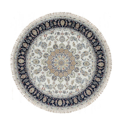 Fine Oriental Wool & Silk Hand Knotted Rug Ivory 7.0X7.0  -O091040