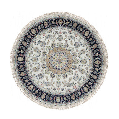 Fine Oriental Wool & Silk Hand Knotted Rug Ivory 7.0X7.0  -O091040