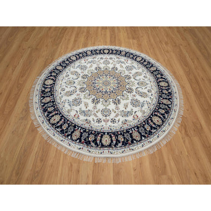 Fine Oriental Wool & Silk Hand Knotted Rug Ivory 7.0X7.0  -O091040