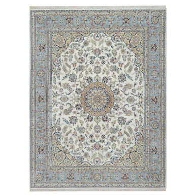 Traditional Wool & Silk Hand Knotted Rug Ivory 7.10X10.3  -O091046