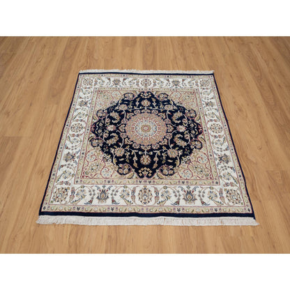 Traditional Wool & Silk Hand Knotted Rug Blue 4.0X4.0  -O091053